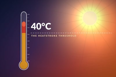 A thermometer rising past 40 degrees Celsius, the core temperature that marks heatstroke, under a blazing sun