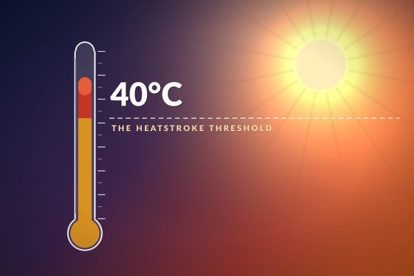 A thermometer rising past 40 degrees Celsius, the core temperature that marks heatstroke, under a blazing sun