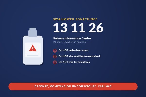 Poisoning first aid: call the Poisons Information Centre on 13 11 26, do not induce vomiting, do not neutralise the poison, do not wait for symptoms